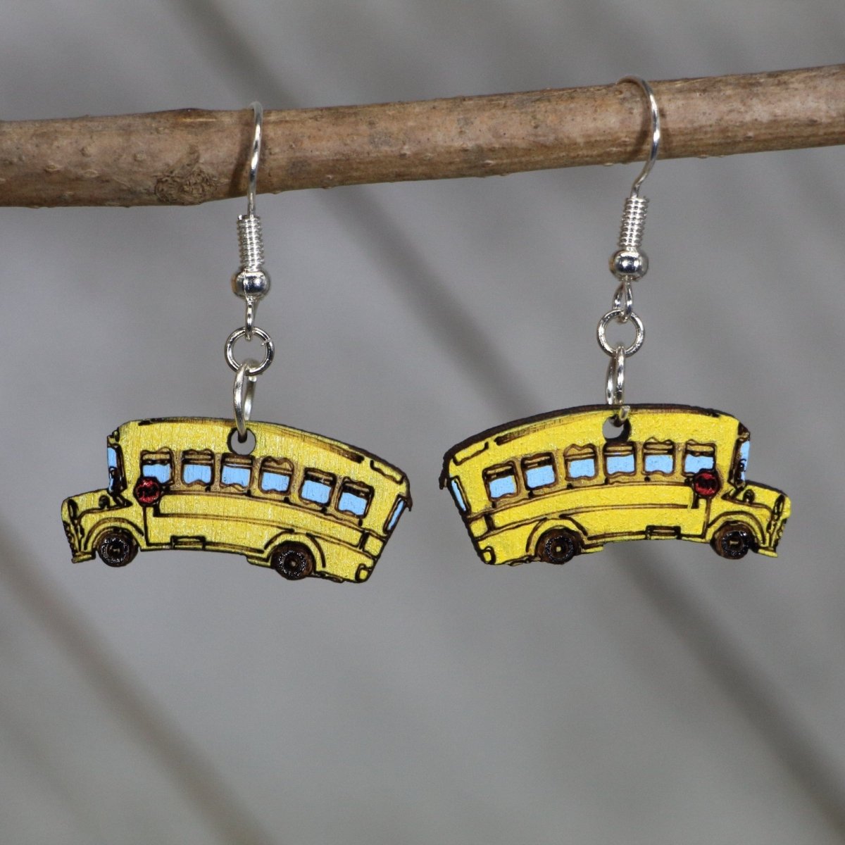 Hand-painted wooden school bus dangle earrings with classic back to school design and hypoallergenic sterling silver hooks, lightweight teacher statement jewelry earrings for educators and classroom style