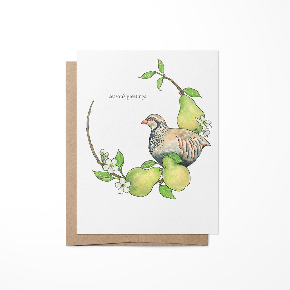 Greeting card featuring a watercolor painting of a partridge among leaves on a beige background, with a blank inside for a personal message.