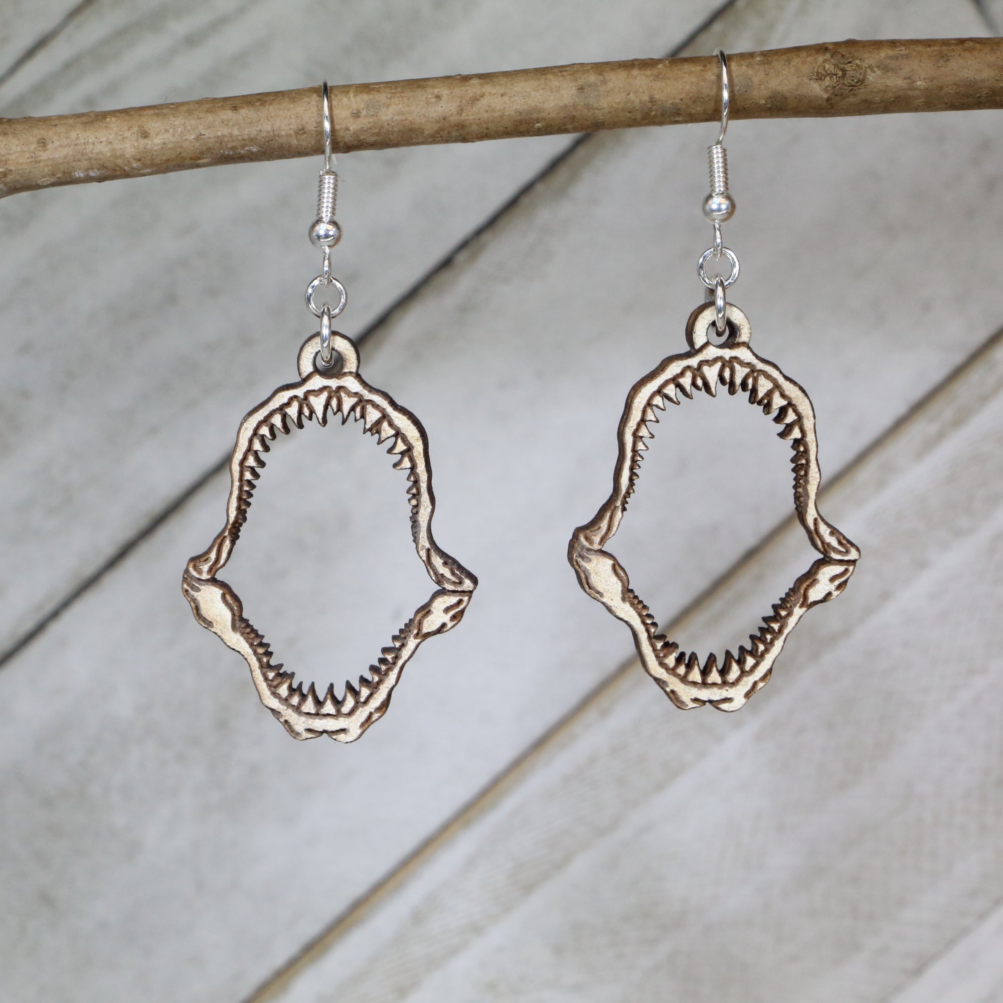Hand-painted shark tooth wooden dangle earrings with realistic ocean predator design, lightweight hypoallergenic beach jewelry for shark lovers, marine life fans, and coastal style
