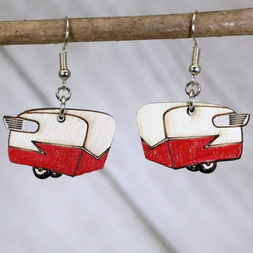 Hand-painted wooden Shasta camper dangle earrings with retro travel trailer design and hypoallergenic sterling silver hooks, lightweight camper statement jewelry earrings for road trip lovers and vintage adventure style