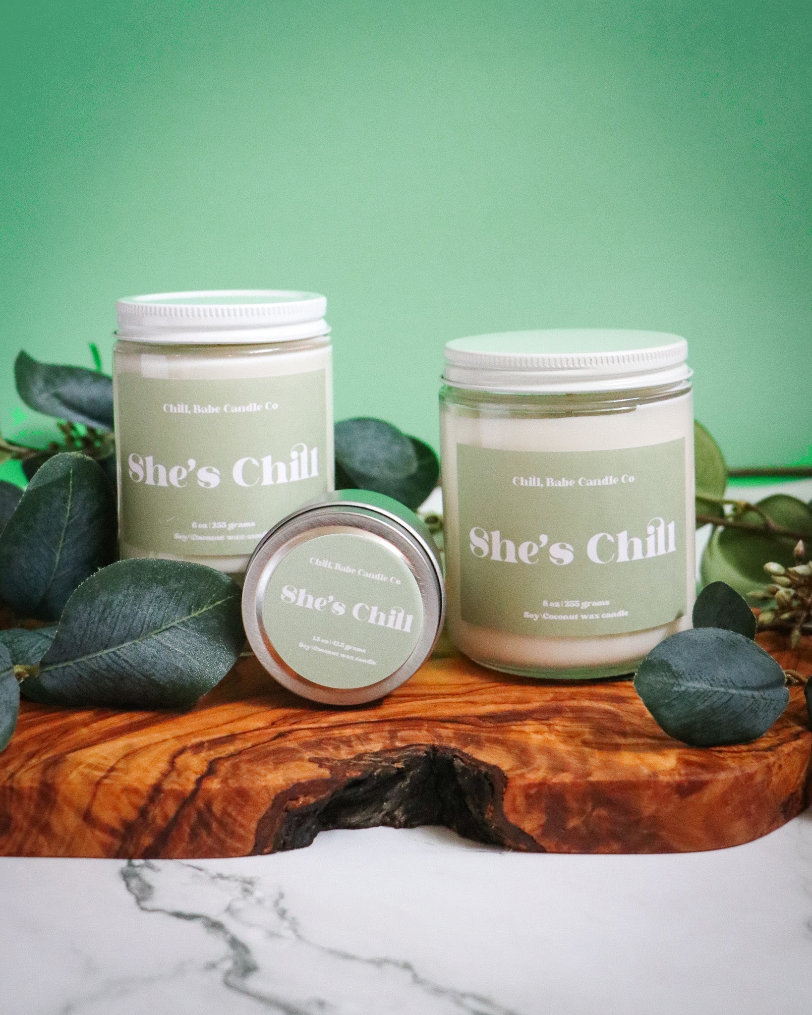 She’s Chill Candle | Eucalyptus + Spearmint sizes