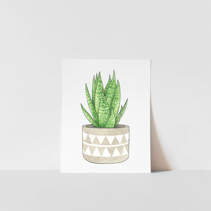 Art print of an Aloe Vera plant in a pot, with vertical orientation.