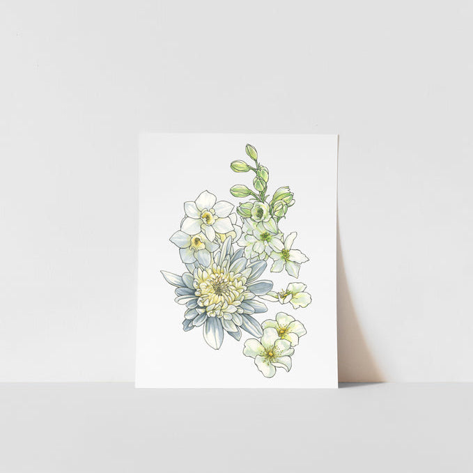 A printed artwork featuring a bouquet of various flowers on a white background, signed by Heather S Vitticore.