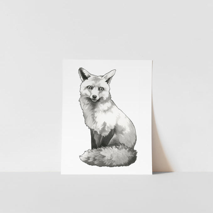 A black and white watercolor print of a fox, with a visible white background around the fox&