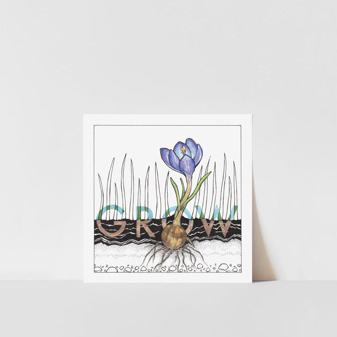 A square art print featuring a crocus flower with a stylized root system, titled &