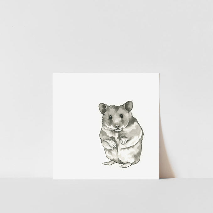 Art print of a watercolor painting depicting a hamster sitting upright on a white background.