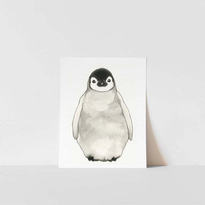A black and white watercolor print of a penguin standing upright on a white background.