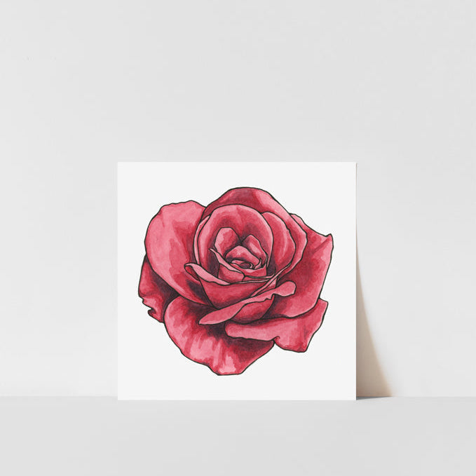 A art print of a red rose on a white background, with a visible artist&