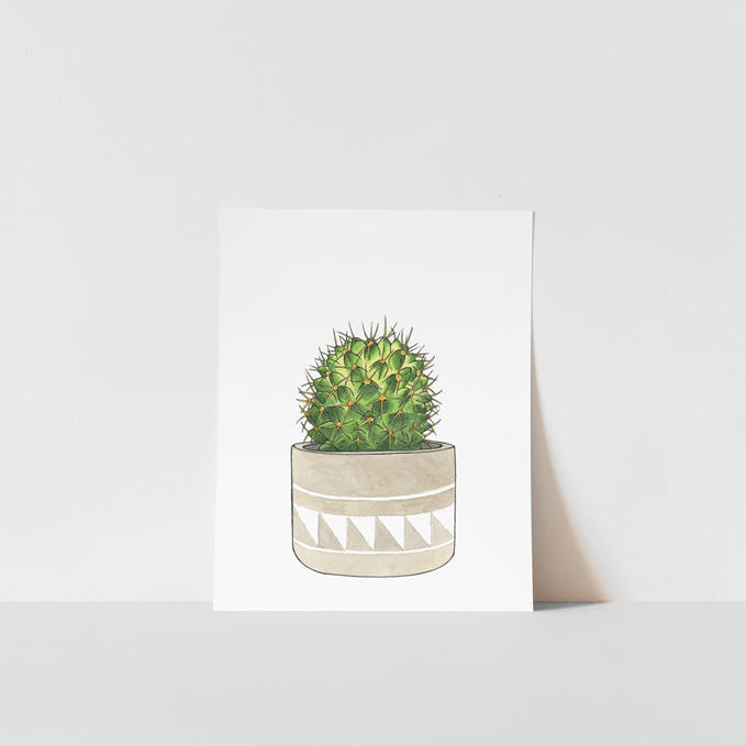 Art print featuring a watercolor painting of a round cactus plant in a pot on a white background