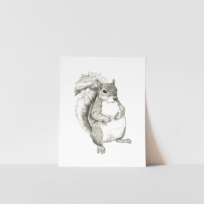 A black and white art print of a squirrel with a tail, positioned against a white background.