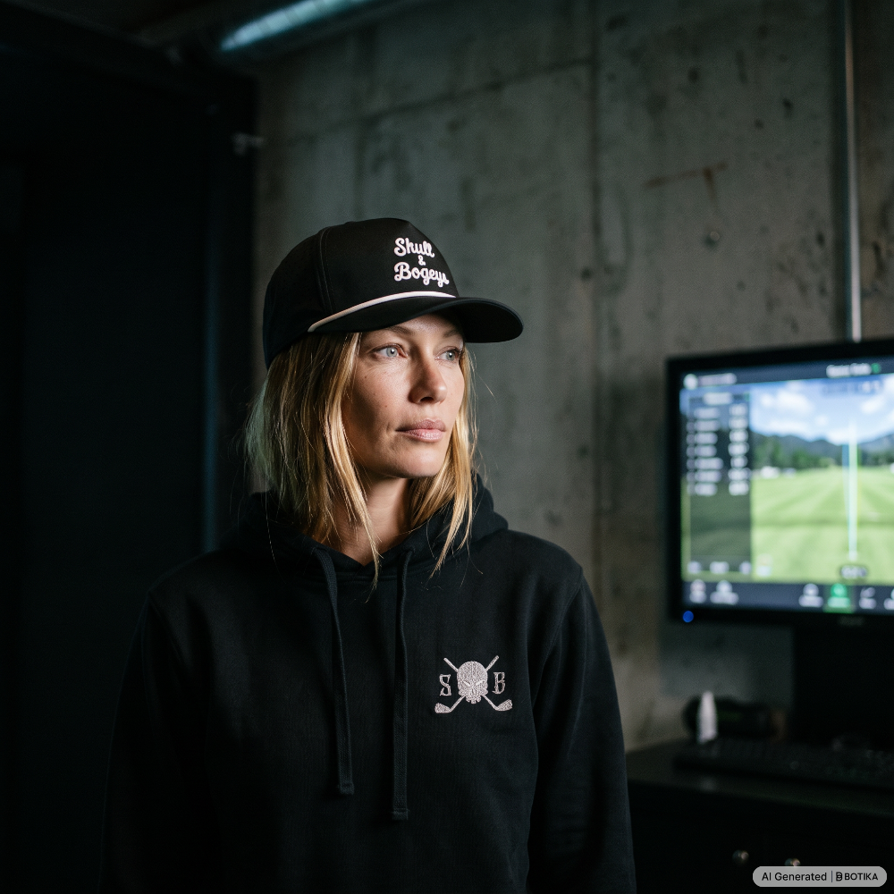 A woman wearing a black baseball cap with &