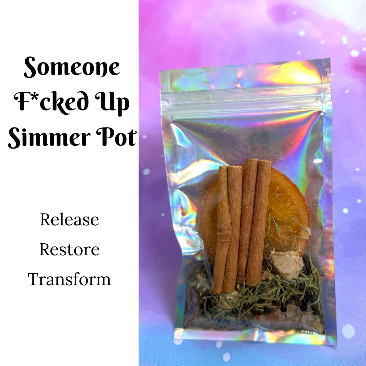 A clear holographic zip pouch containing dried herbs, cinnamon sticks, and a round orange-brown piece, shown on a purple and blue gradient background with text reading &