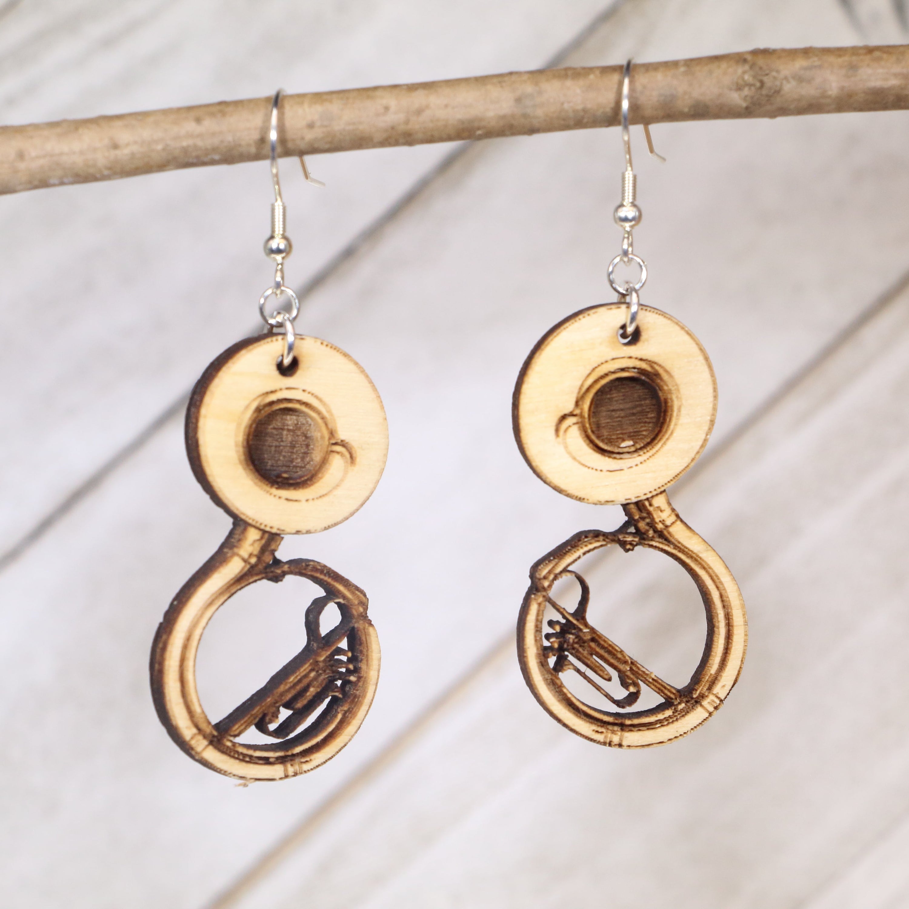 Hand-painted wooden sousaphone dangle earrings with detailed marching band instrument design, lightweight hypoallergenic jewelry for band members, musicians, and proud band moms