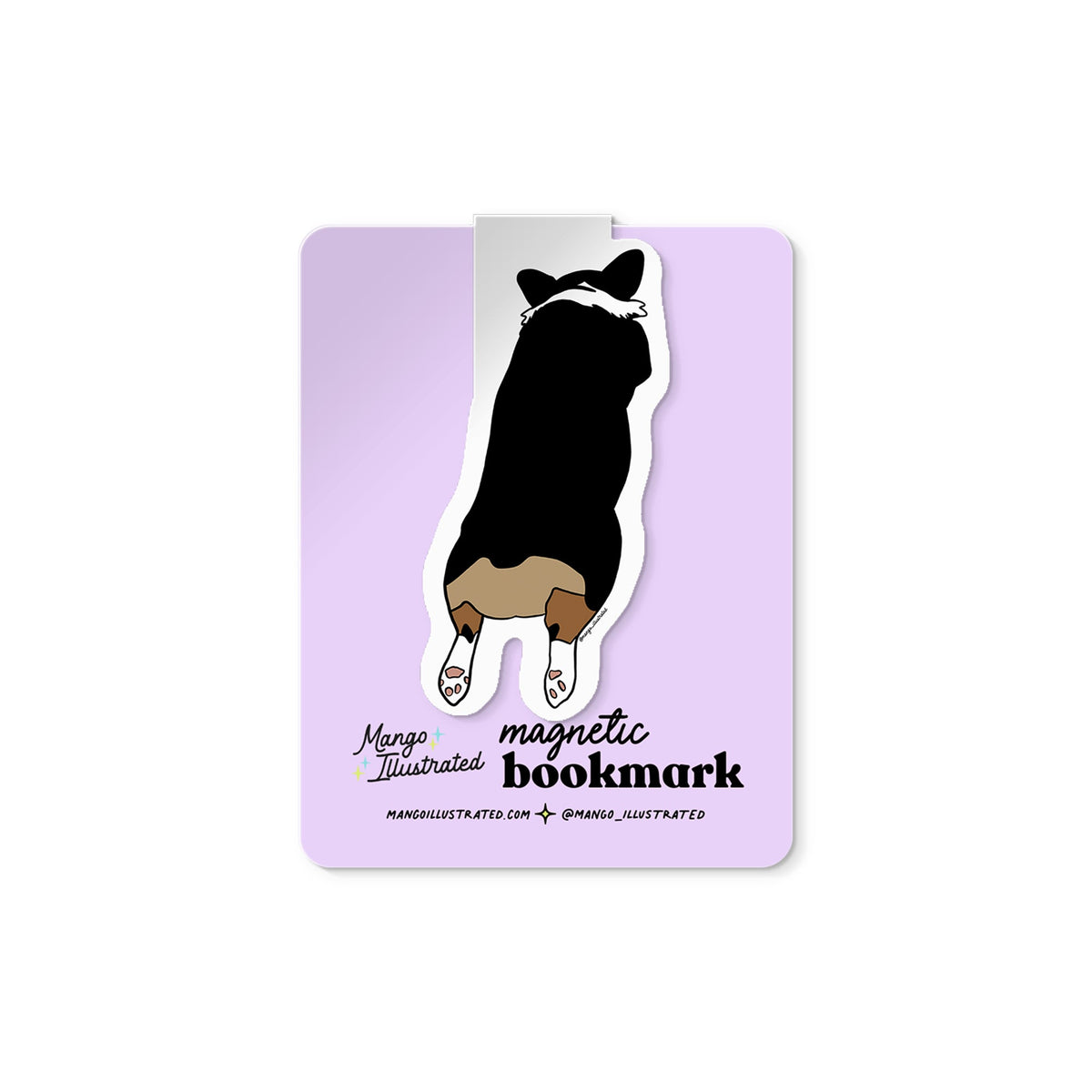 Corgi Sploot magnetic bookmark — illustrated corgi splooting on a purple backing card, 2.75 x 1.25 in, by MangoIllustrated