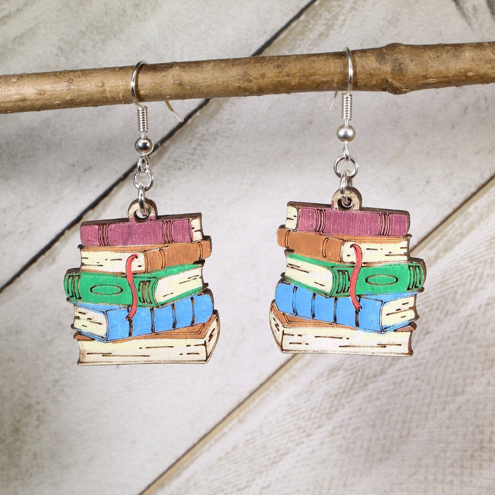 Hand-painted wooden stacked books dangle earrings with colorful literary design and hypoallergenic sterling silver hooks, lightweight teacher jewelry gift for book lovers, librarians, and readers