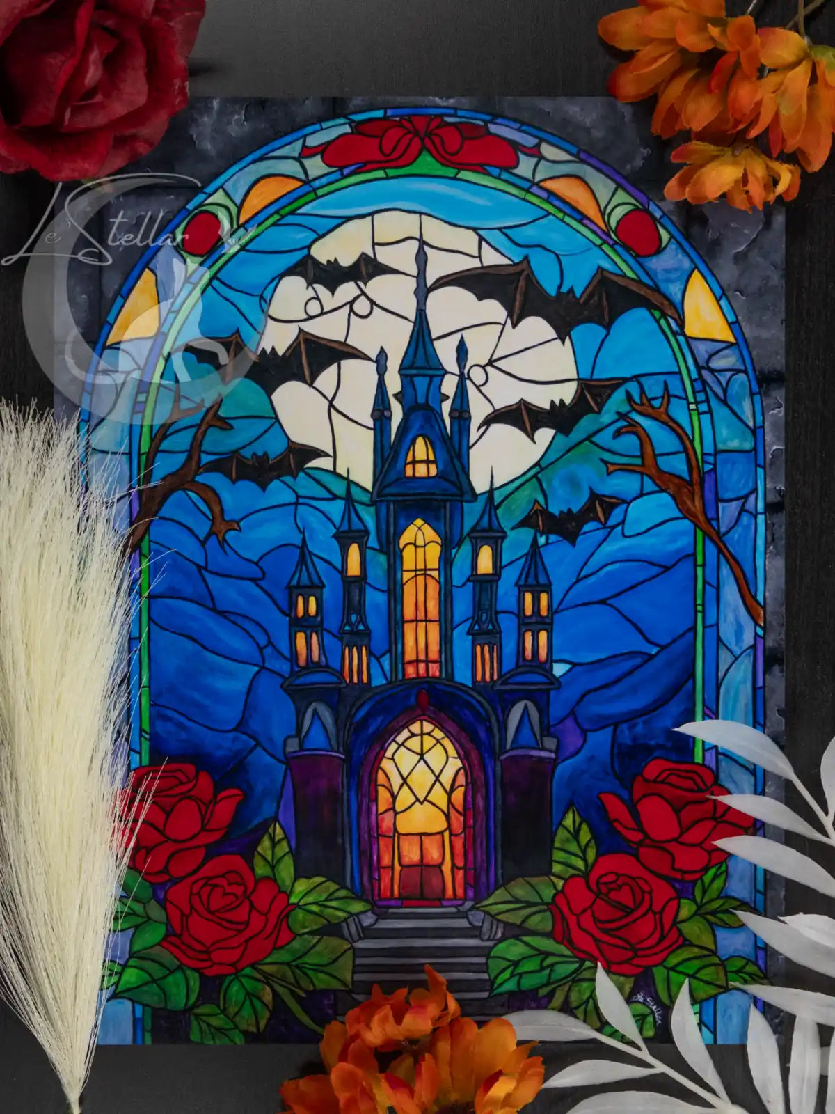 Gothic Castle Stained Glass Acrylic Painting: Dark Fantasy Vampire Decor, Original Hand-Painted Art