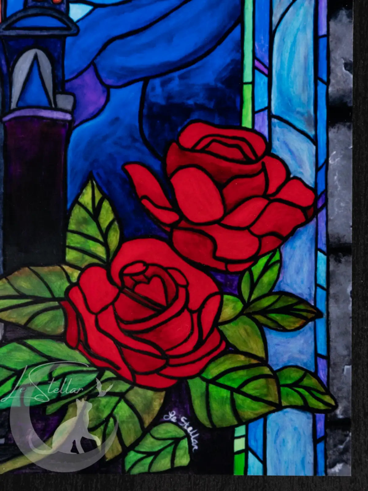 Gothic Castle Stained Glass Acrylic Painting: Dark Fantasy Vampire Decor, Original Hand-Painted Art