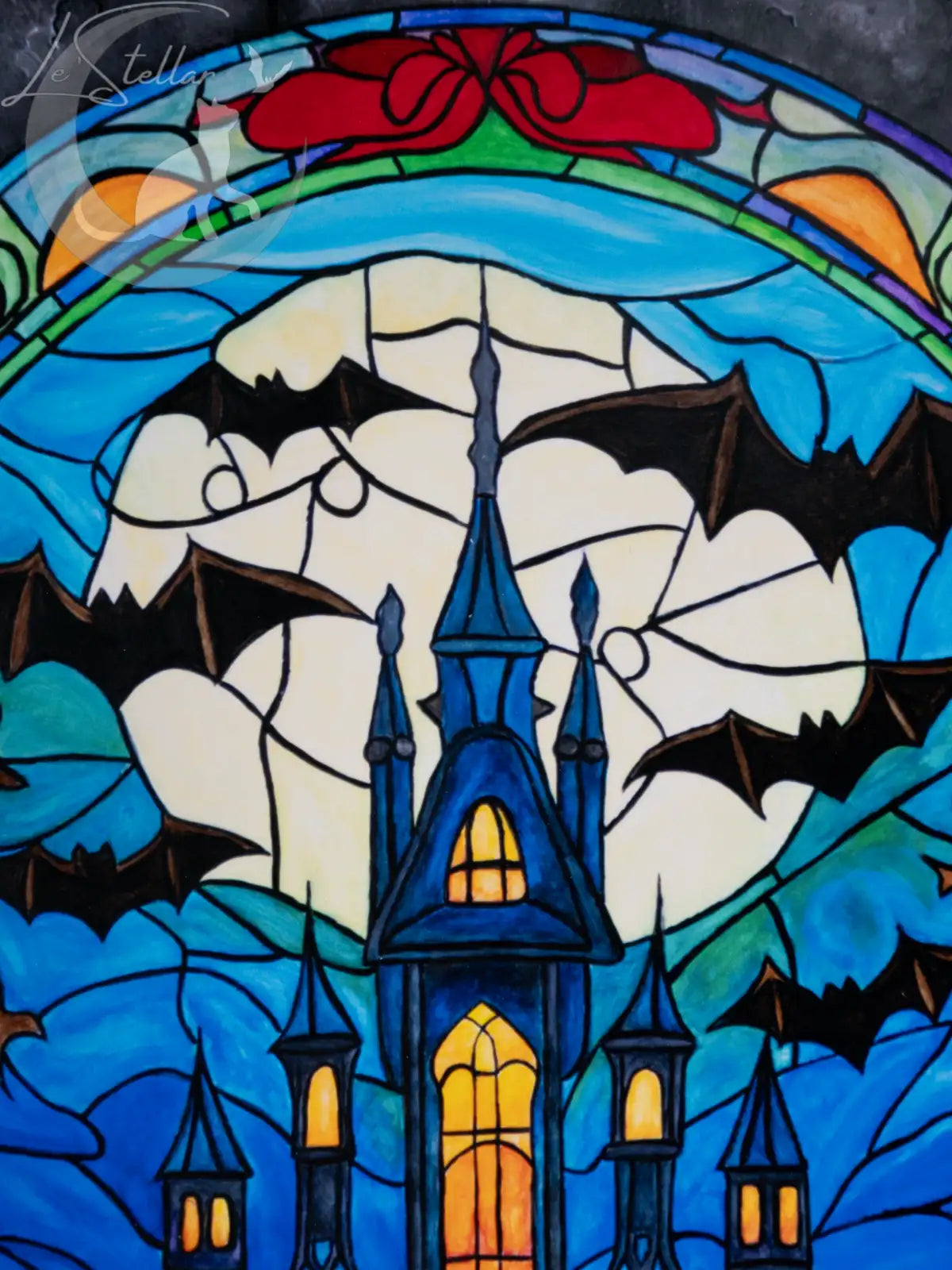 Gothic Castle Stained Glass Acrylic Painting: Dark Fantasy Vampire Decor, Original Hand-Painted Art