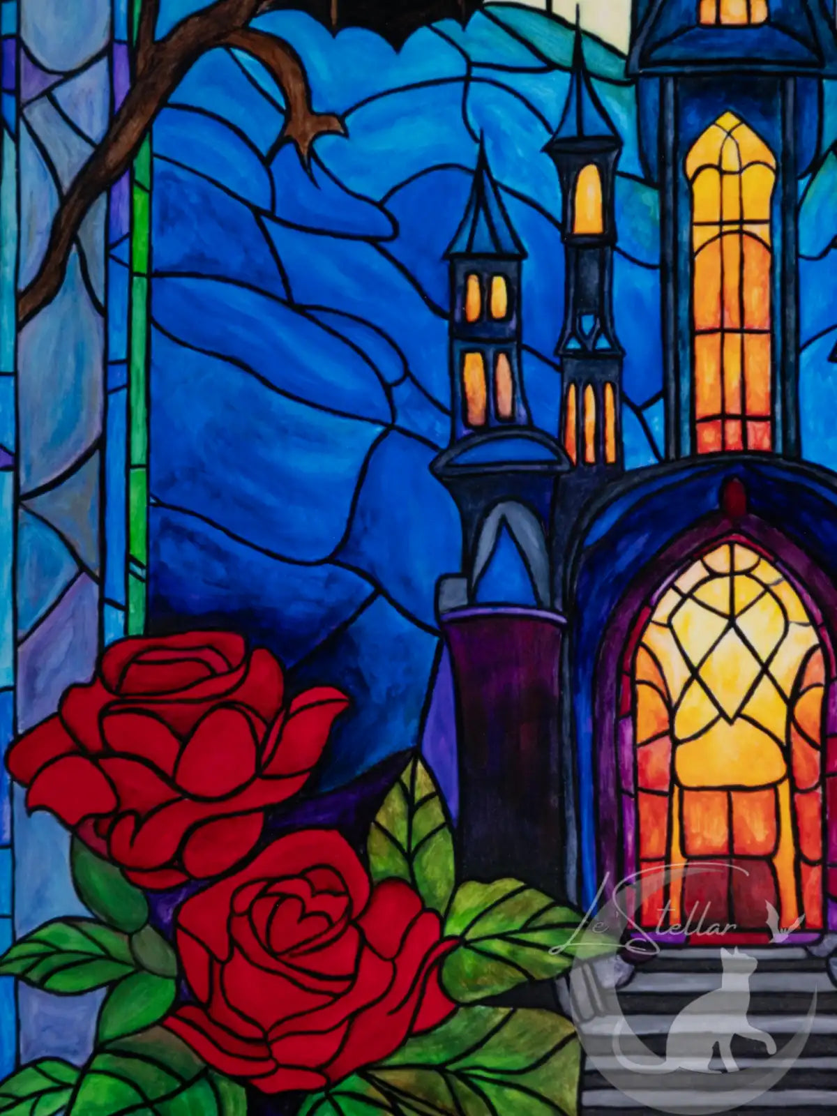 Gothic Castle Stained Glass Acrylic Painting: Dark Fantasy Vampire Decor, Original Hand-Painted Art