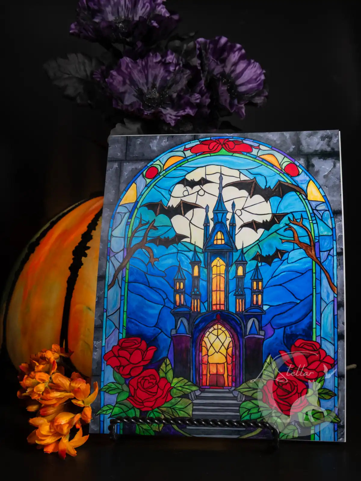 Gothic Castle Stained Glass Acrylic Painting: Dark Fantasy Vampire Decor, Original Hand-Painted Art