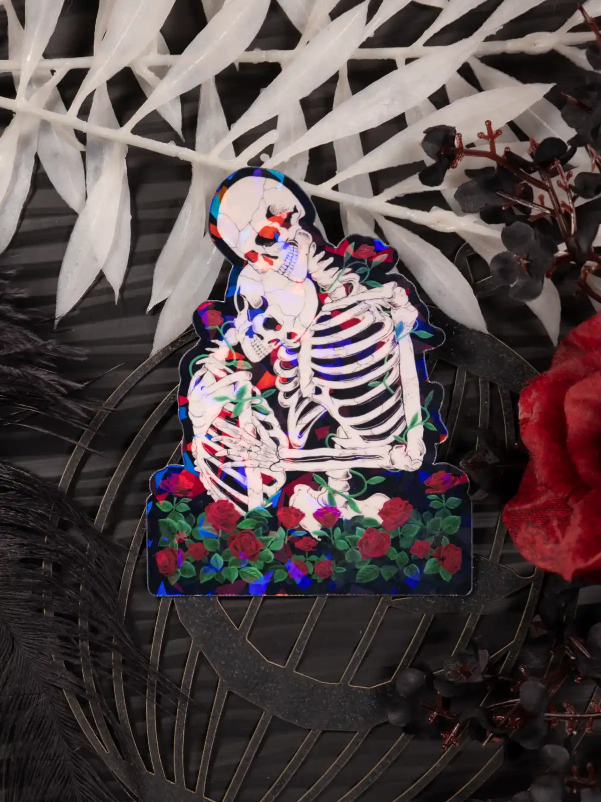 Skeleton Embrace Sticker: Gothic Romance Roses, Original Hand-Painted Art