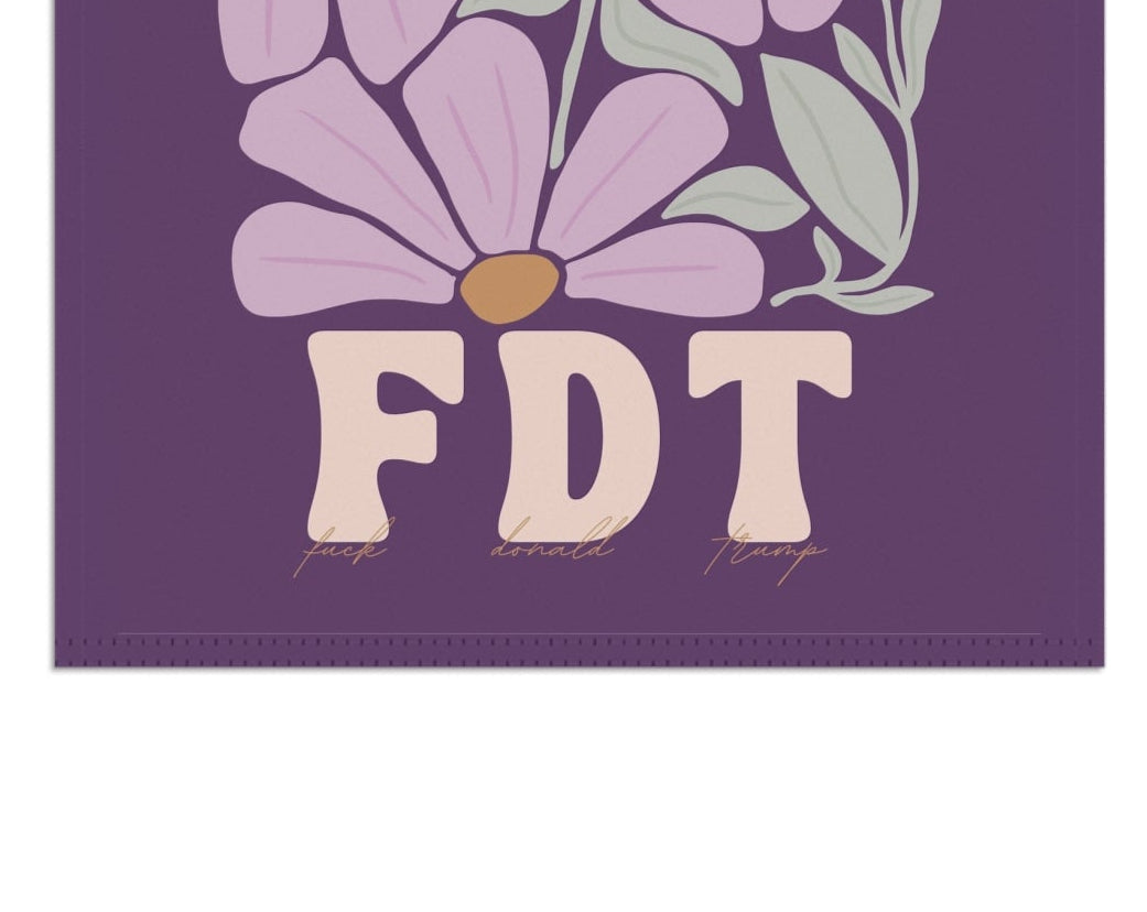Purple garden flag with floral design and &
