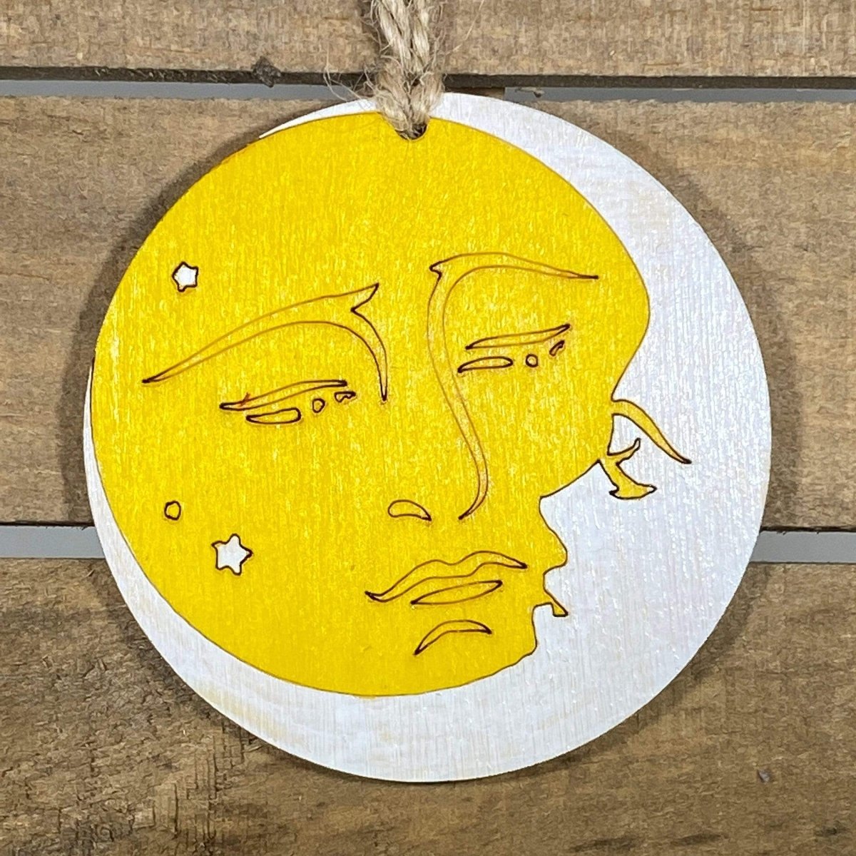 Hand-painted wooden sun and moon embrace Christmas ornament with celestial yin yang design and lightweight festive decor, balanced cosmic tree decoration for spiritual and boho holiday style
