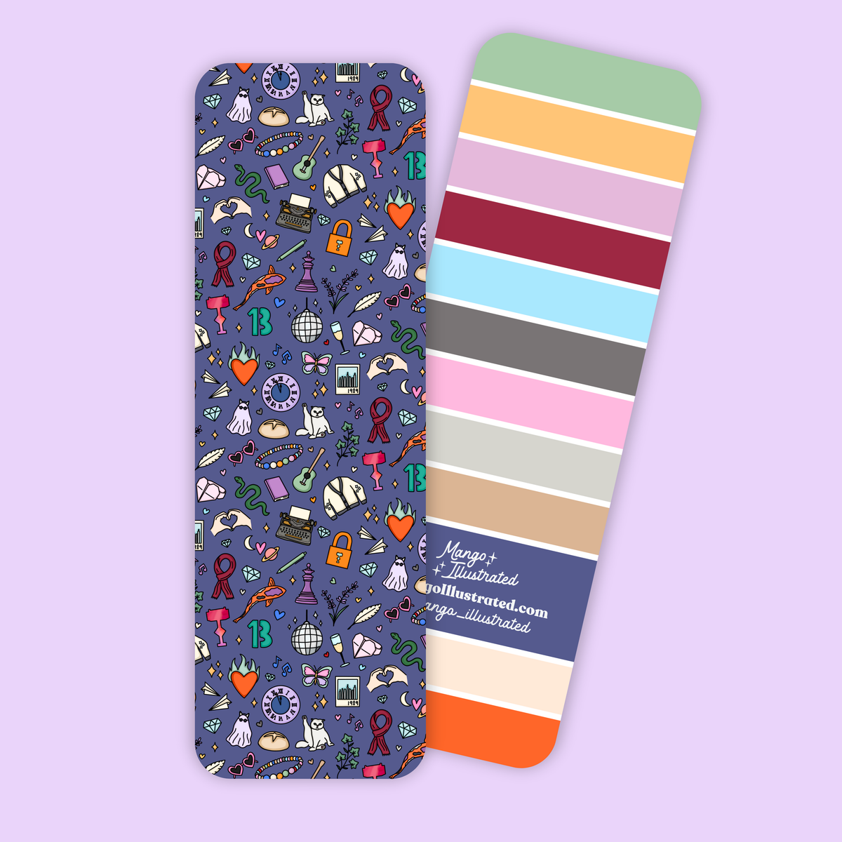 Eras bookmark reverse side — paint swatch of era colors on a double sided bookmark by indie artist MangoIllustrated