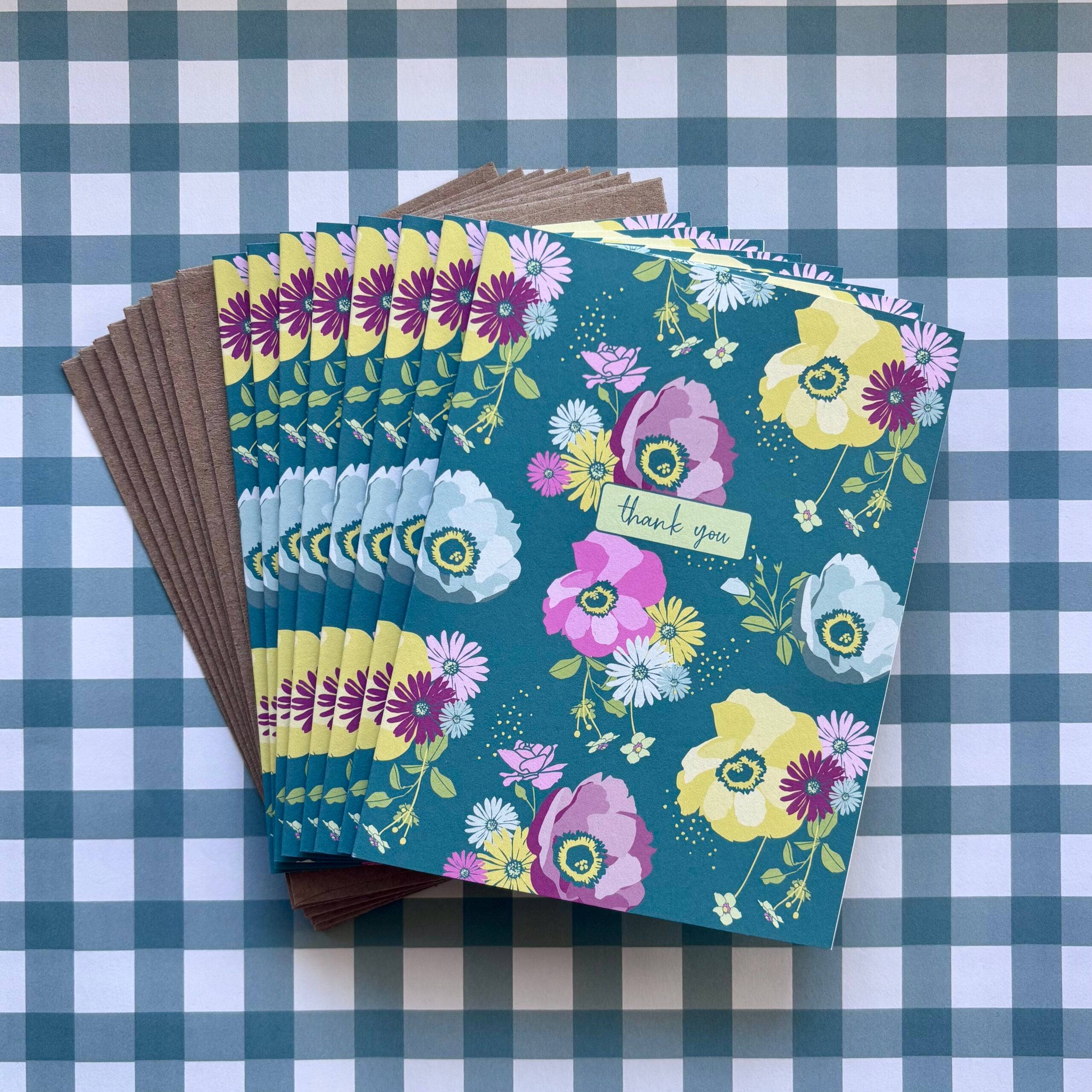 Teal Floral Thank You Cards 8-Pack