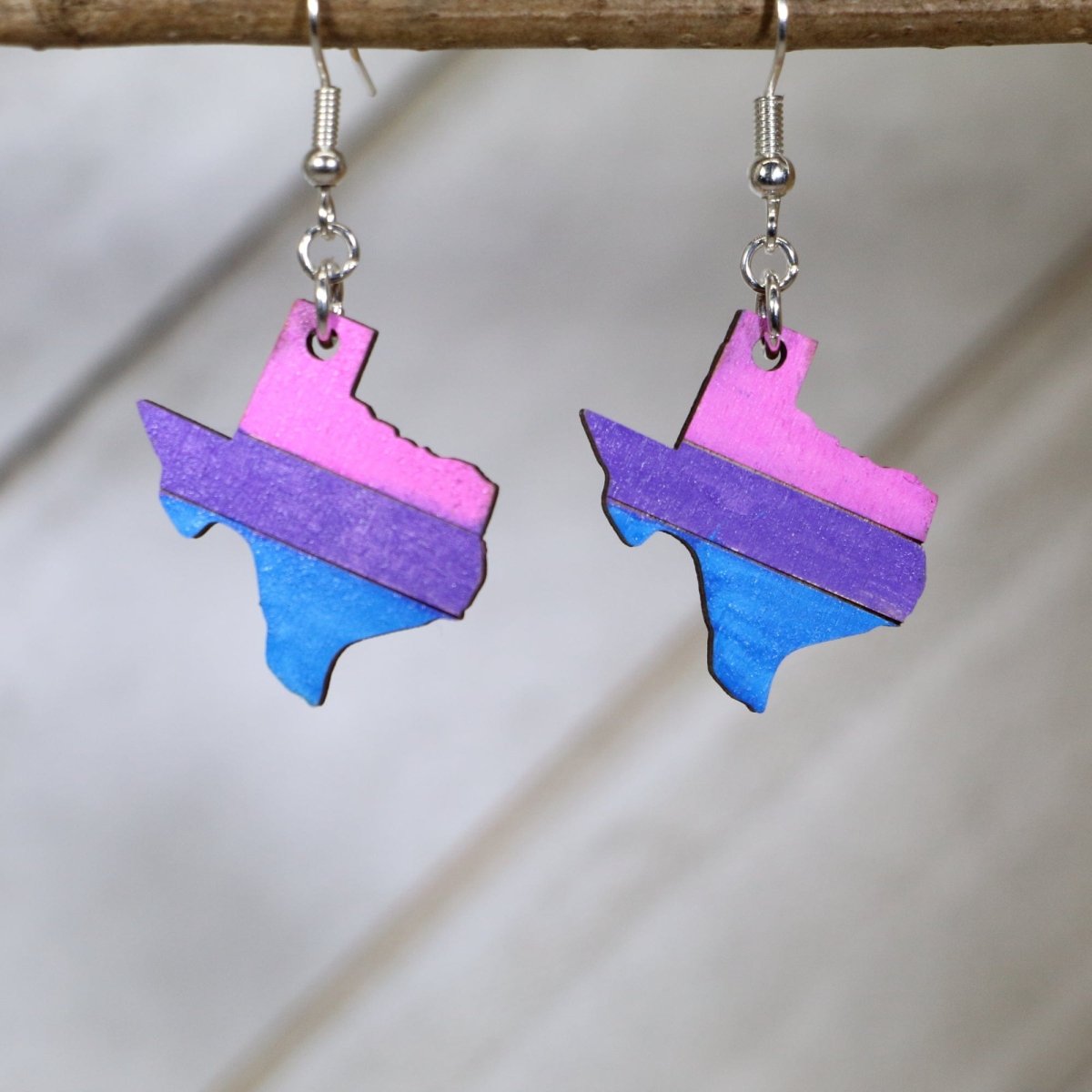 Hand-painted wooden Texas bi pride dangle earrings with bisexual pride inspired state design and hypoallergenic sterling silver hooks, lightweight LGBTQ statement jewelry earrings for Texas pride and inclusive style
