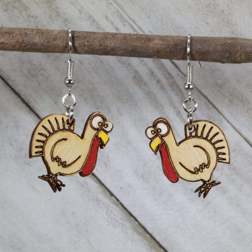 Hand-painted wooden Thanksgiving turkey dangle earrings with funny festive holiday design and hypoallergenic sterling silver hooks, Thanksgiving fall holiday jewelry earrings