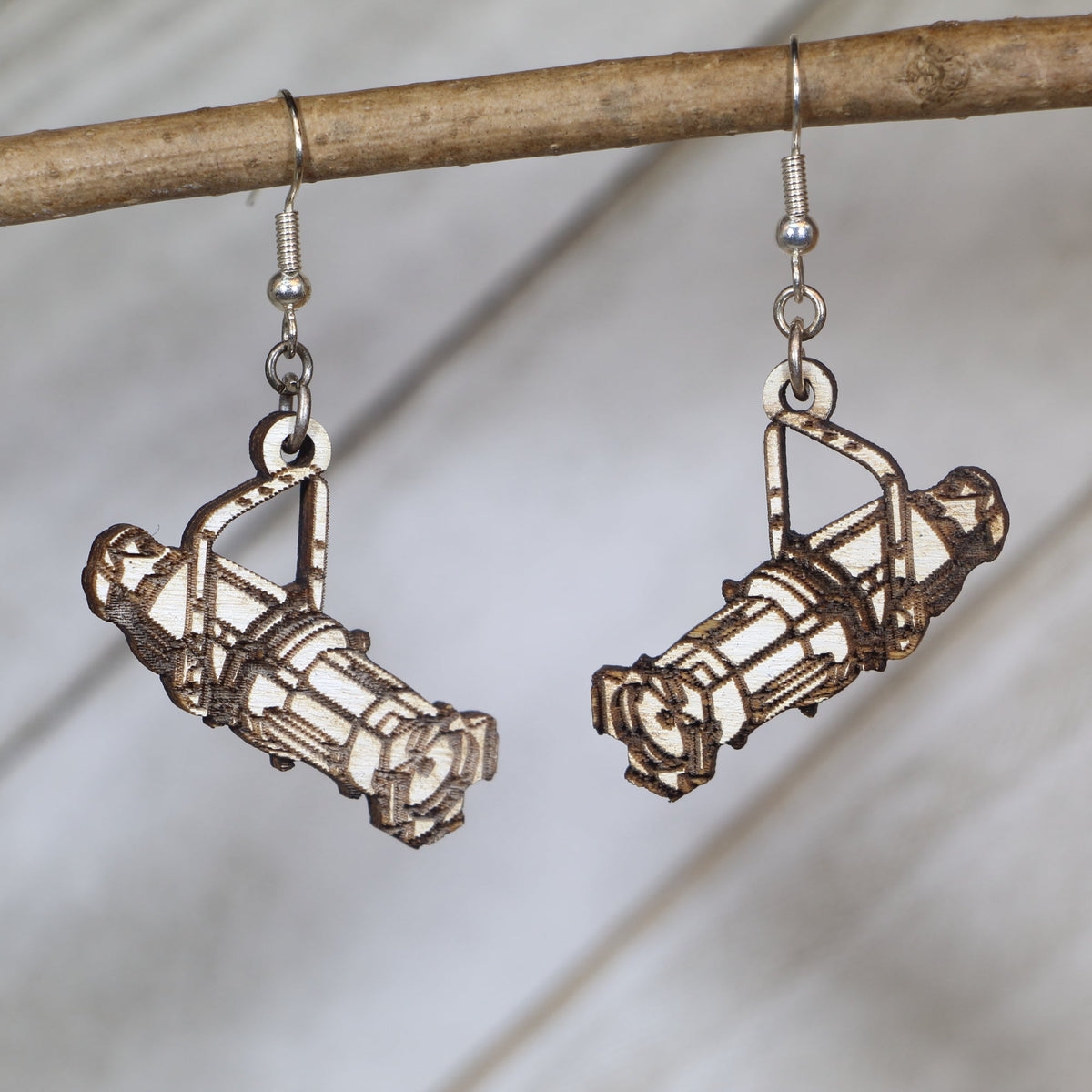 Hand-painted wooden theater stage light dangle earrings with spotlight design and hypoallergenic sterling silver hooks, performing arts statement jewelry earrings for actors and theater lovers