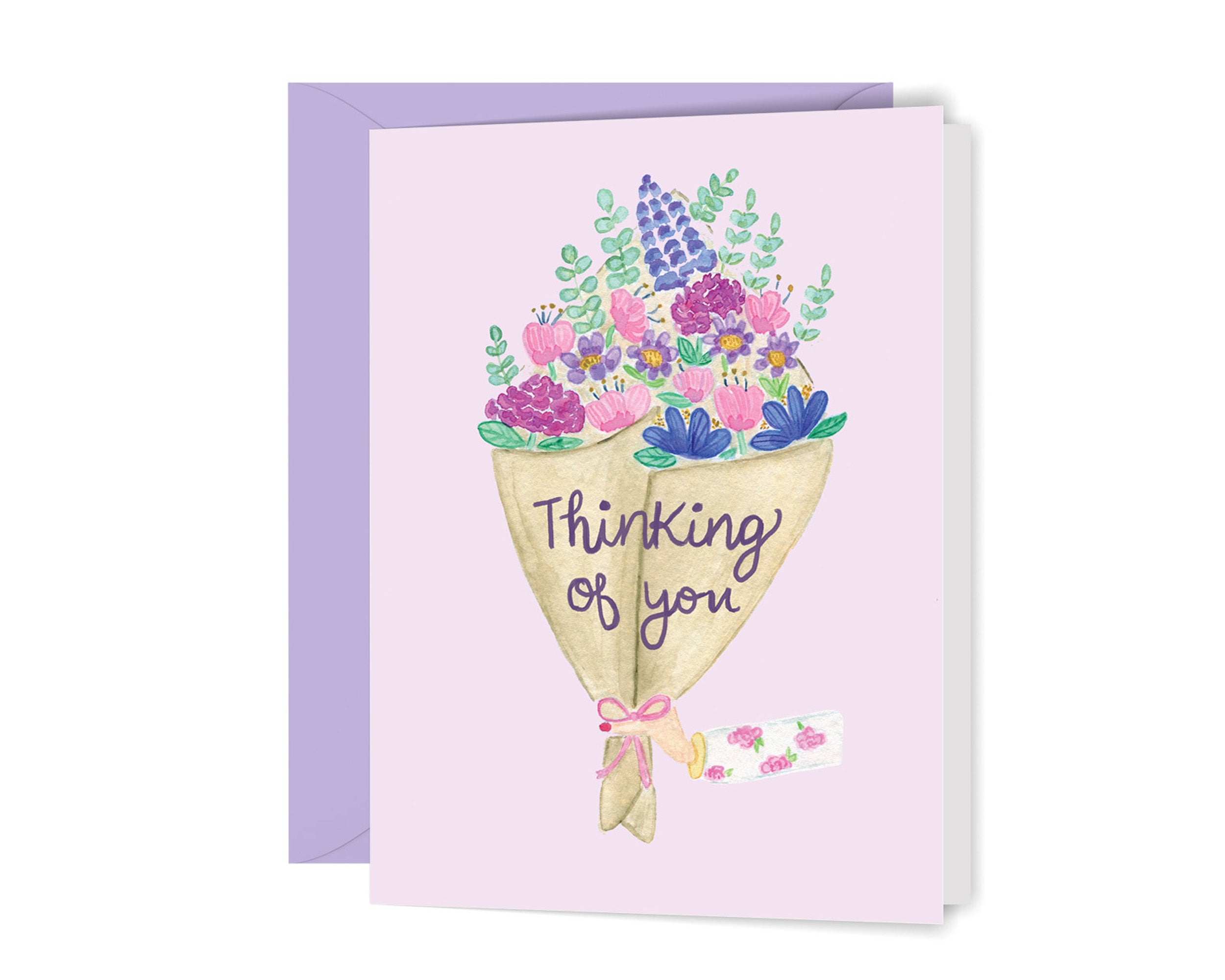 Thinking of You Watercolor Flower Bouquet Greeting Card