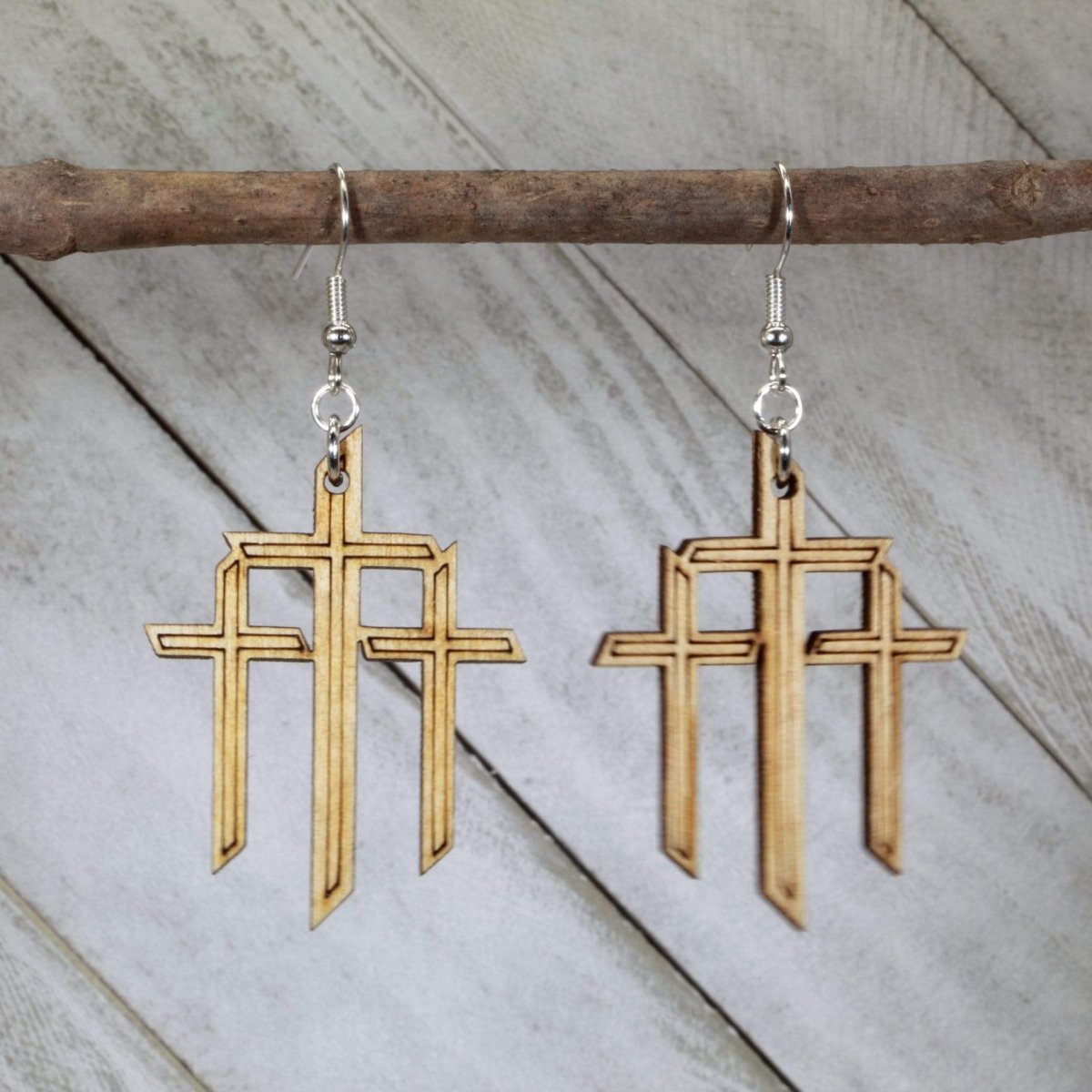 Hand-painted wooden triple cross dangle earrings with Christian faith Calvary design and hypoallergenic sterling silver hooks, lightweight religious statement jewelry earrings for spiritual style