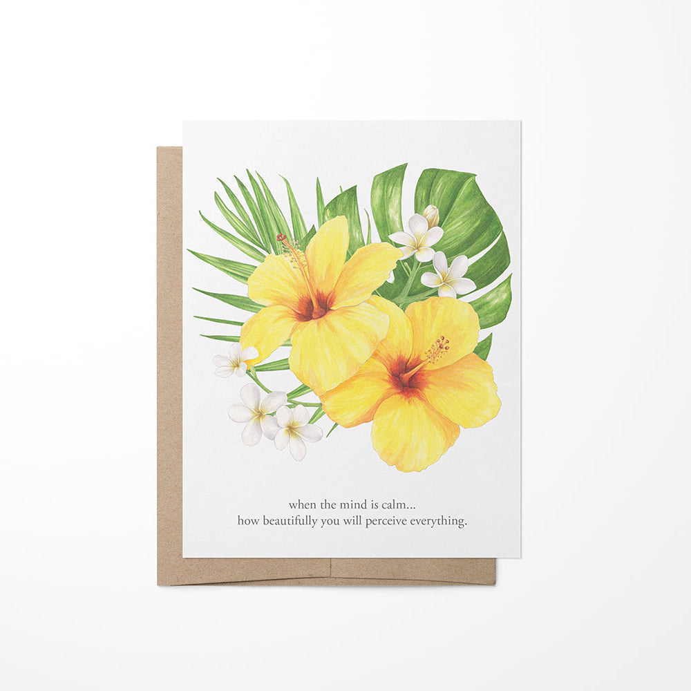 A greeting card with a tropical bouquet watercolor painting and a quote by Paramahansa Yogananda.