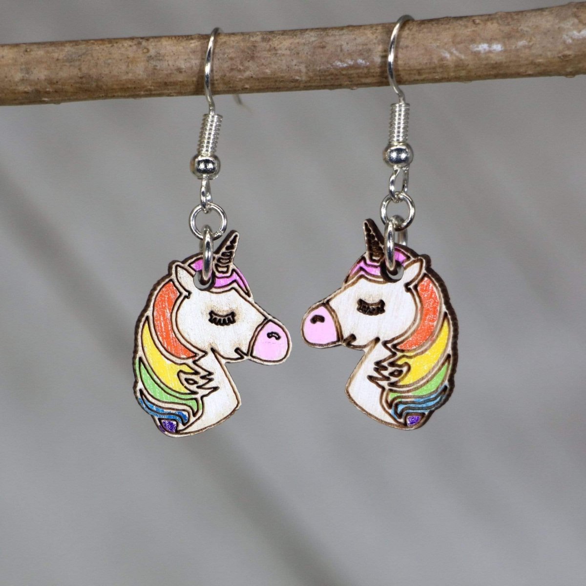 Hand-painted wooden unicorn dangle earrings with magical fantasy design and hypoallergenic sterling silver hooks, lightweight unicorn statement jewelry earrings for whimsical style and fantasy lovers