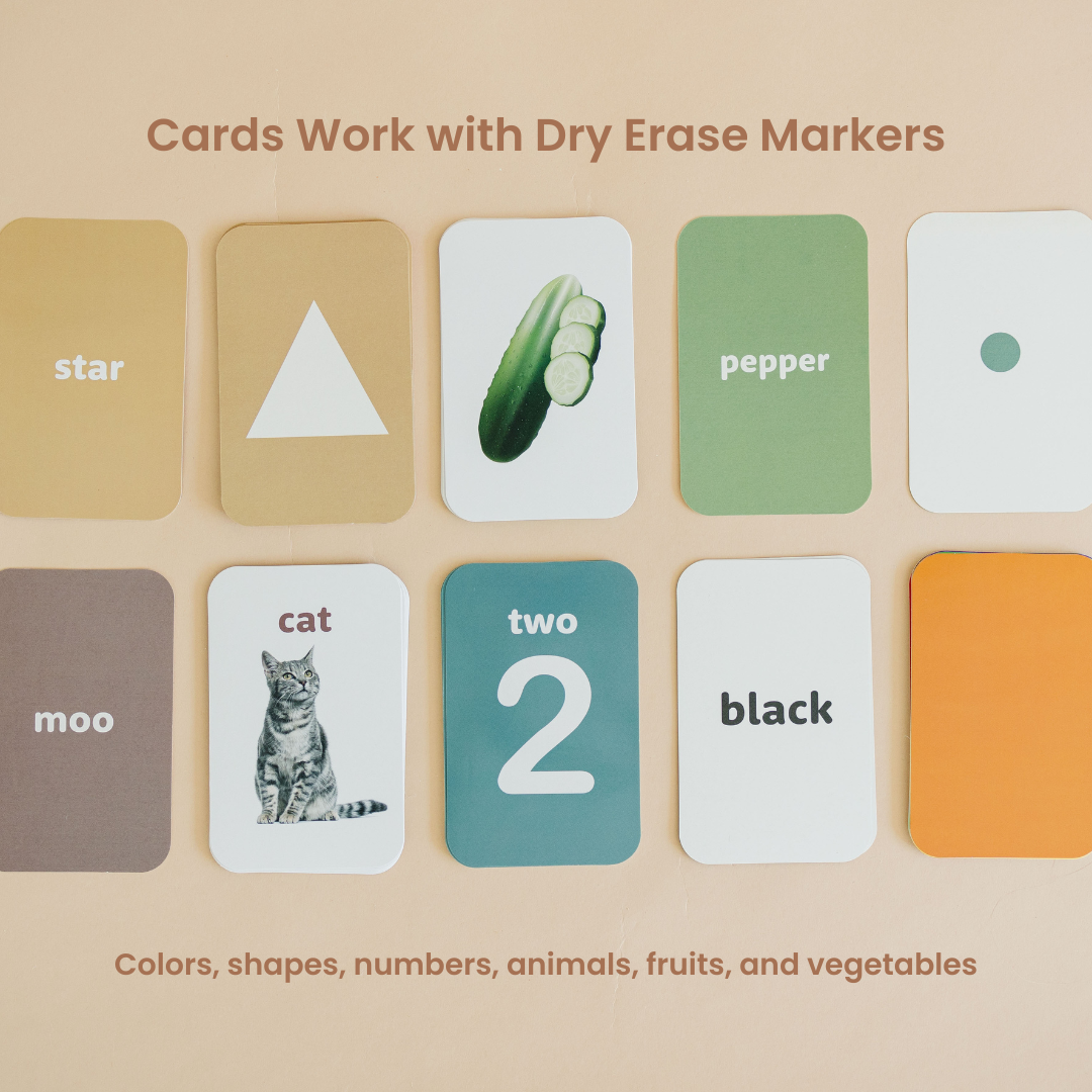 Educational flashcards with various illustrations and text on a beige background