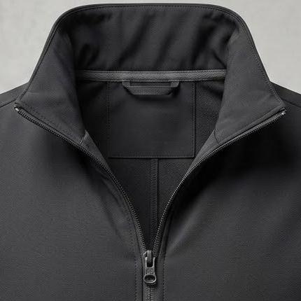 A black zip-up vest with a stand-up collar, shown on a neutral gray textured background.