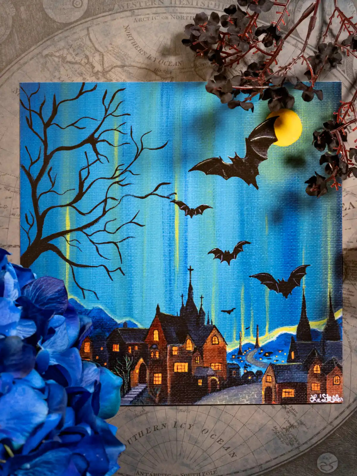 Gothic Starry Night Hand-Painted Art Print: Bats Over Old English Village Acrylic Painting (8x8)