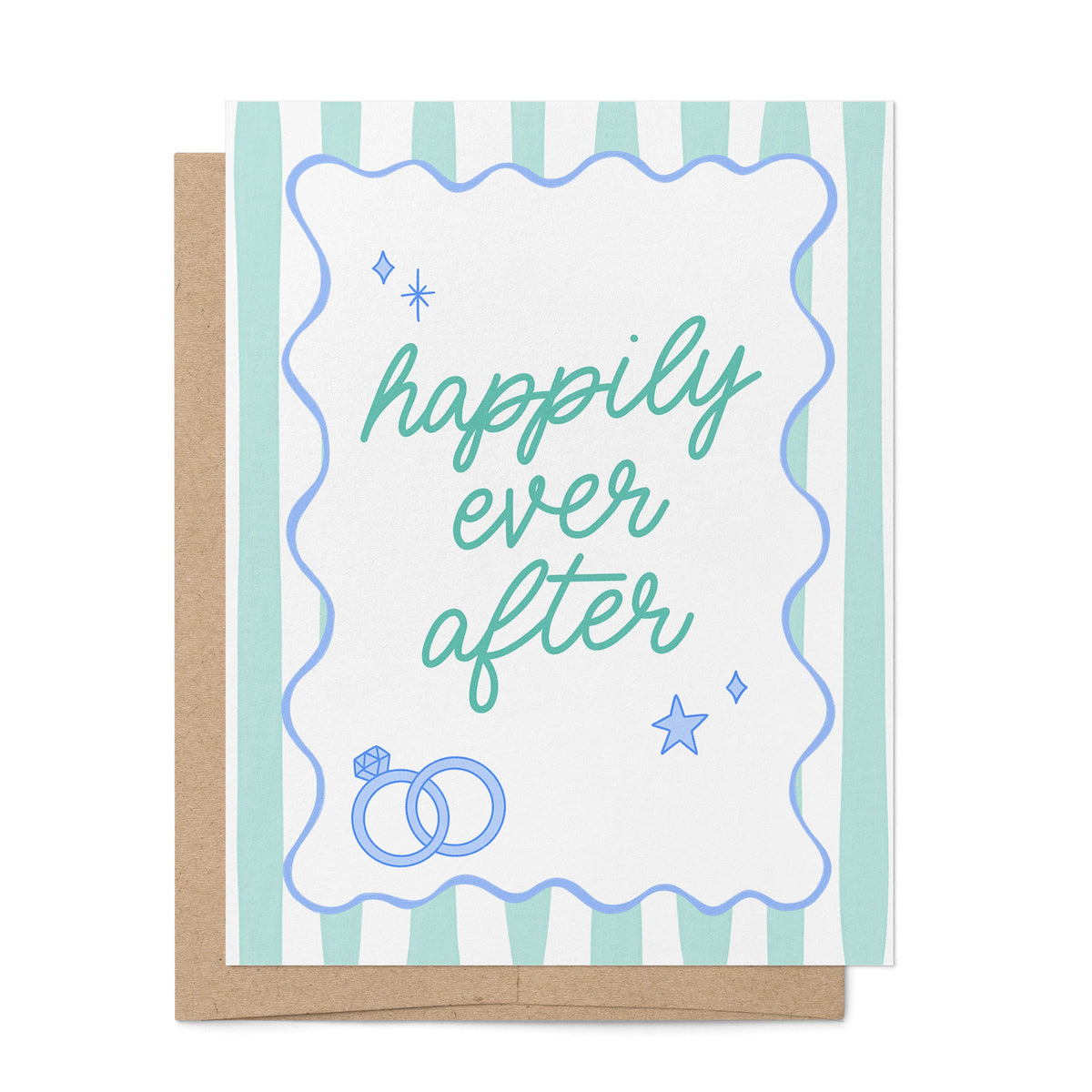 Happily Ever After Illustrated Wedding Card flat lay — retro striped wedding and engagement congratulations card by indie artist MangoIllustrated
