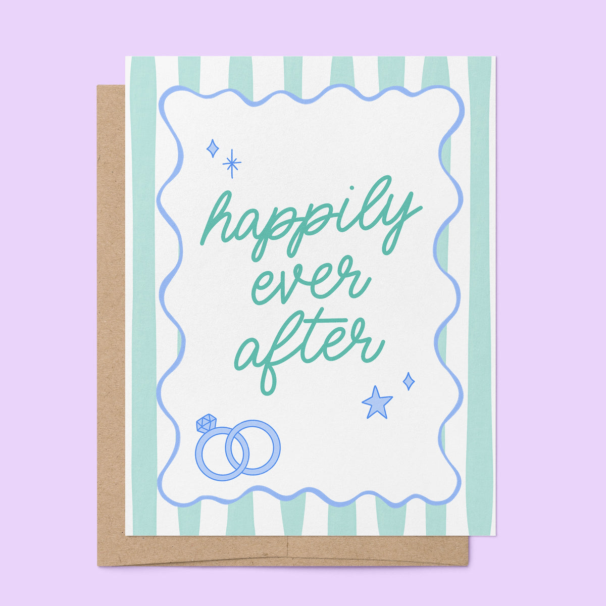 Happily Ever After Illustrated Wedding Card — retro stripes and hand drawn rings with the phrase happily ever after, 4.25 x 5.5 in folded card, by MangoIllustrated