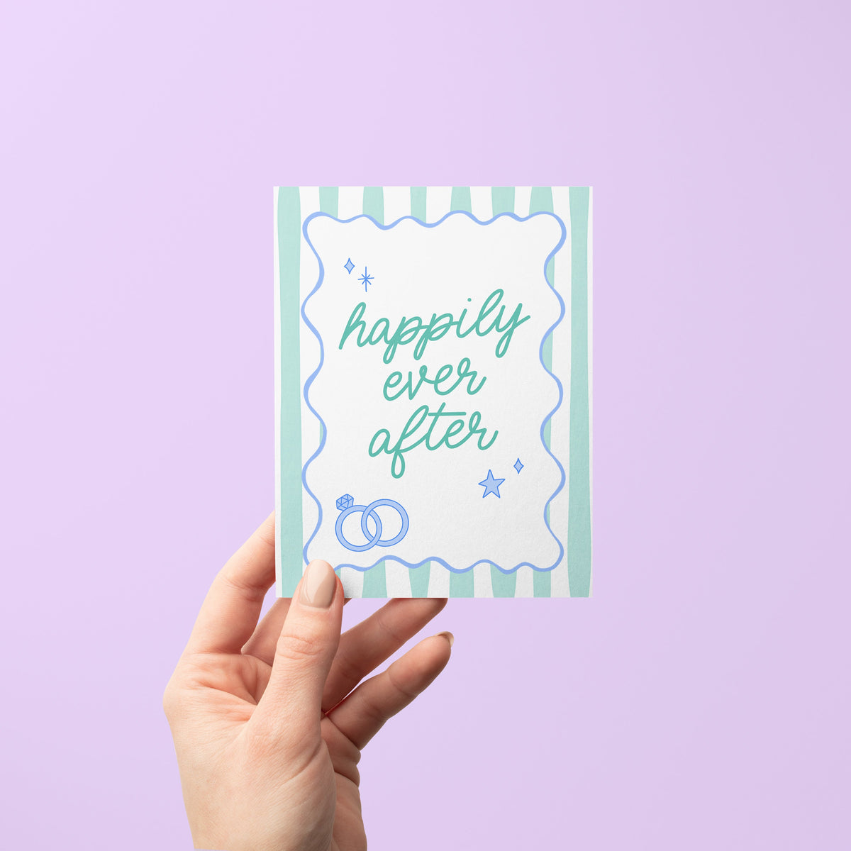 Happily Ever After Illustrated Wedding Card detail — hand lettered ring illustrations on a wedding card by indie artist MangoIllustrated