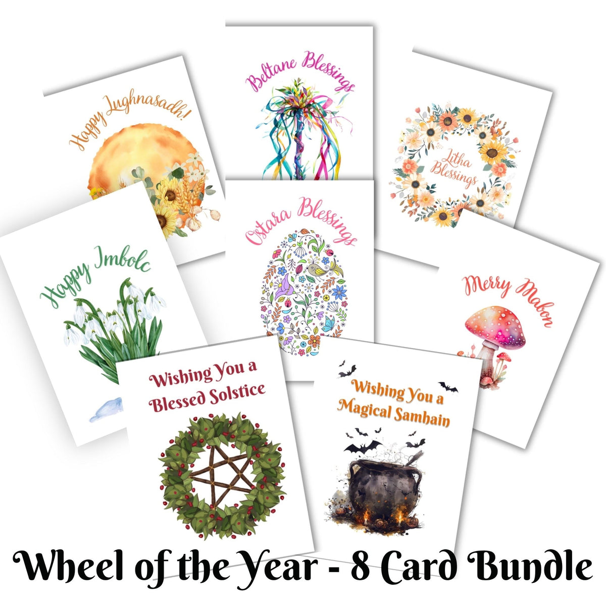 Eight greeting cards arranged in a circle on a white background, labeled &
