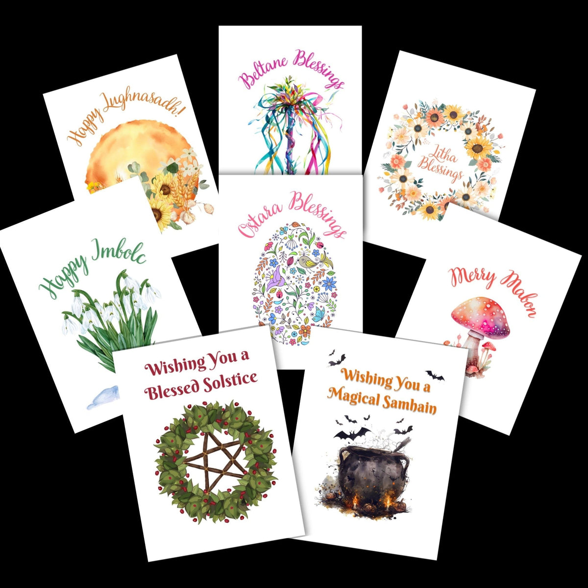 A set of seven watercolor-style solstice and holiday greeting cards arranged on a black background. The cards feature colorful illustrations including a sun, flowers, a mushroom, a wreath with a pentagram, a cauldron, birds, and text such as &