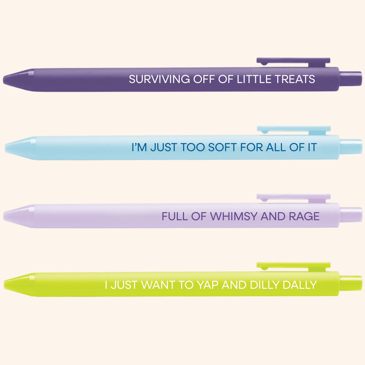 Whimsy and Rage pen set detail — 4 illustrated gel pens by MangoIllustrated