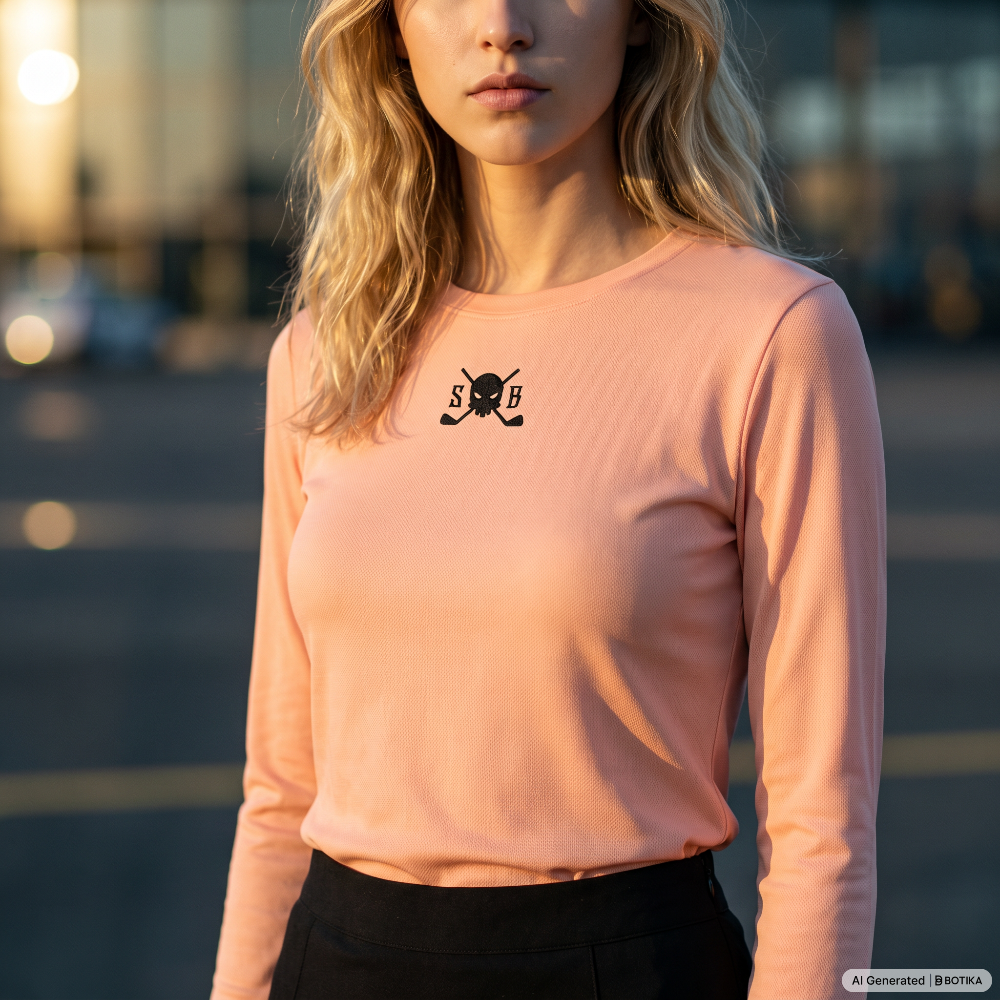 A woman wearing a fitted peach-pink long-sleeve shirt with a small black chest graphic featuring the letters &