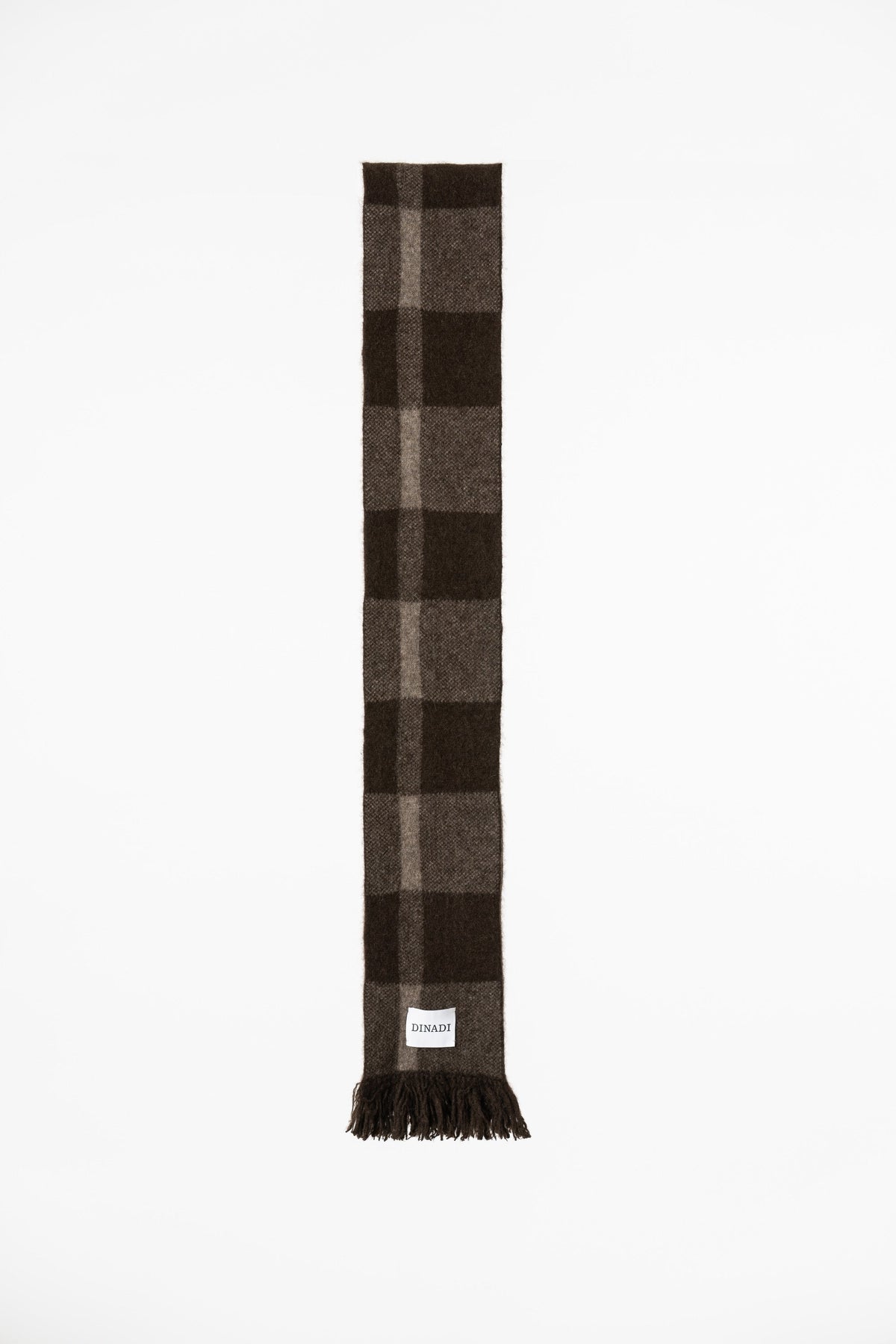 Brown and tan plaid yak wool scarf, lay flat