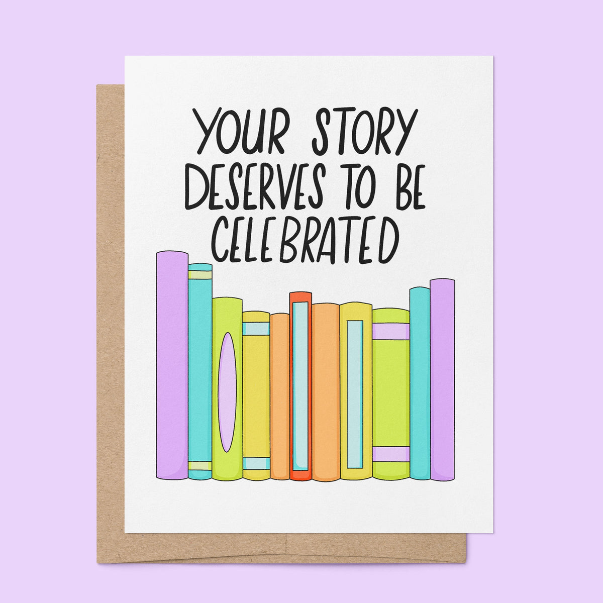 Your Story Deserves to be Celebrated Pride Card detail — close up of the rainbow book illustration by indie artist MangoIllustrated