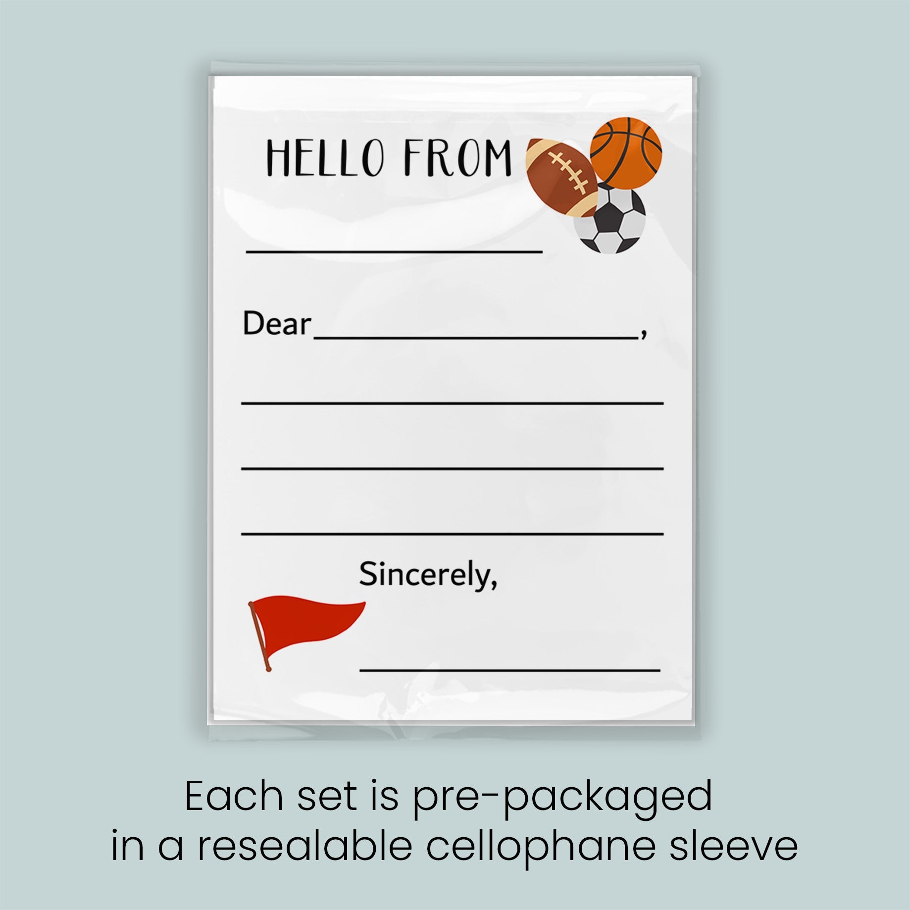 The image is a pre-packaged greeting card set that includes a blank card with a sports ball and flag design, and a note that reads "Sincerely," indicating that each set is pre-packaged in a resealable cellophane sleeve.