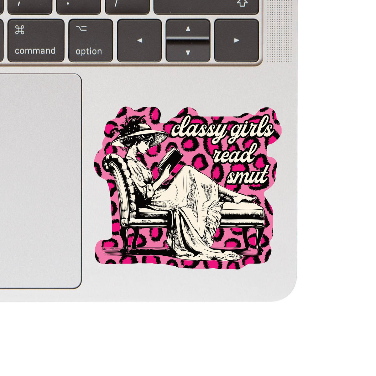 Sticker with a design of a woman reading a book and text &